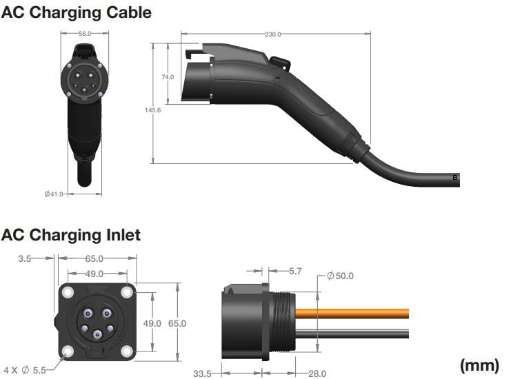 Mechanical Drawing - Amphenol Industrial ER Series SAE J1772 Charging Cables/Inlets
